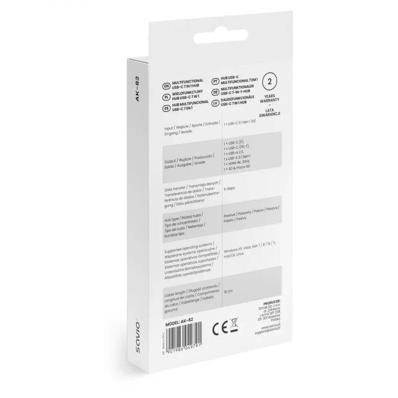 USB Type-C stotelė SAVIO AK-82 su HDMI, MicroSD, USB 3.2 Gen1, PD, 4K@30Hz, 5000 Mbit/s, juoda
