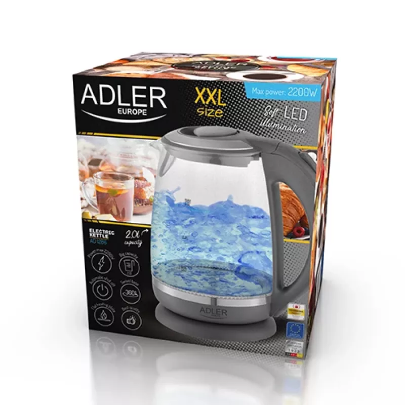 Adler AD 1286 virdulys, 2200 W, 2 L, plastikas/stiklas, pilka/skaidri