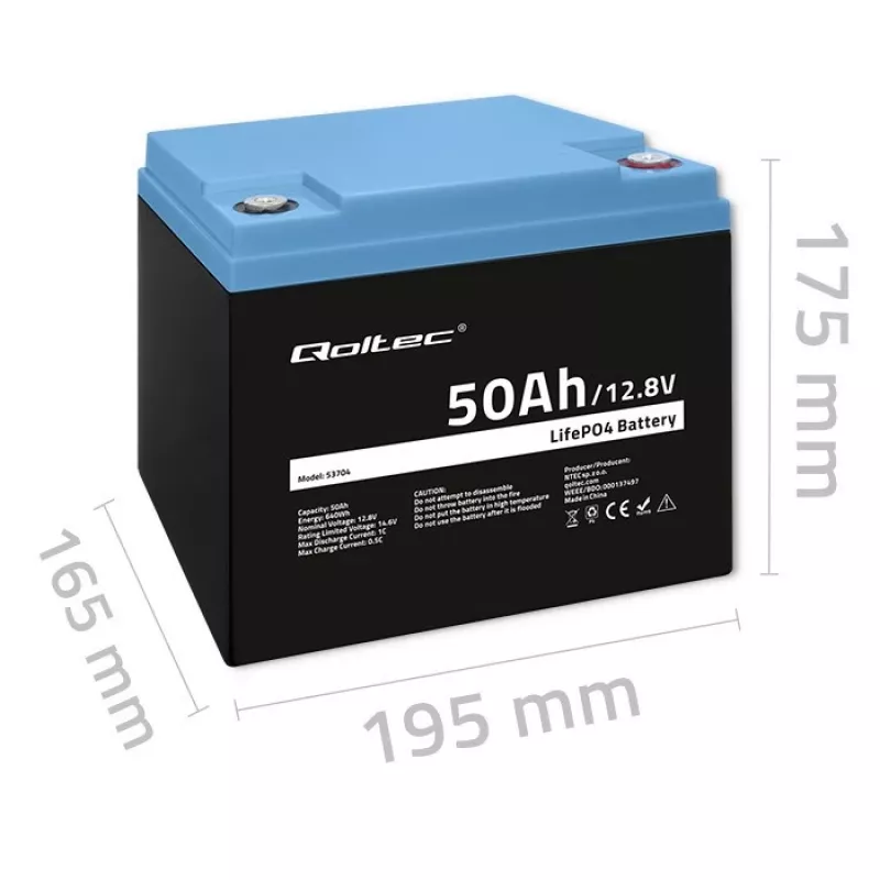 LiFePO4 akumuliatorius QOLTEC 12.8V 50Ah (53704) – atsarginiam maitinimui ir energijos kaupimui