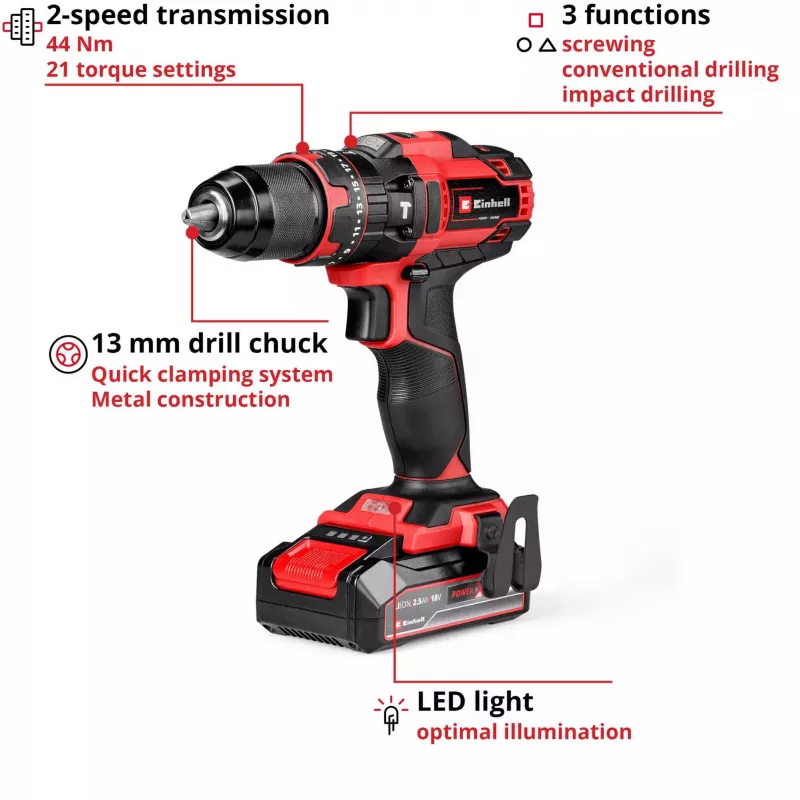 Einhell TE-CD 18/44 Li-i 24000 RPM 1,59 kg Juoda, Raudona