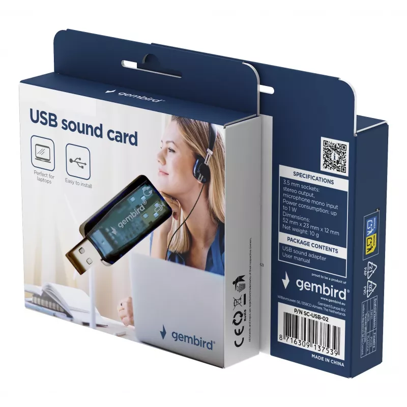 USB išorinė garso kortelė Gembird Virtus2 — USB sąsaja, 3,5 mm ausinėms, mėlyna permatoma