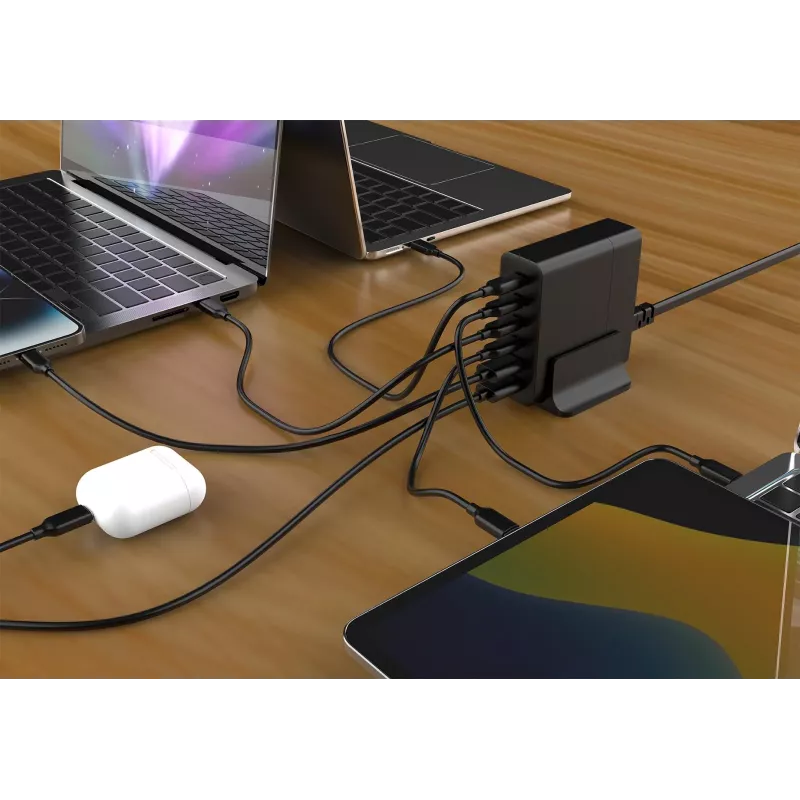 GEMBIRD TA-UC-2A4C-PD75-01-BK universalus įkroviklis 75W, 4× USB-C + 2× USB-A, PD & QC3.0, 6 įrenginių vienu metu, 1,5 m laidas, juodas