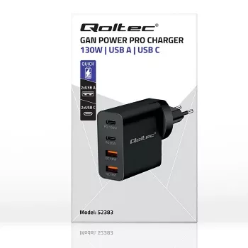 Qoltec GaN POWER PRO Įkroviklis | 2xUSB-C | 2xUSB | 130W | 5-20V | 1.5-5A | XP | Juodas