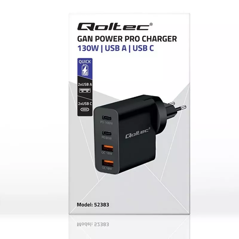 Qoltec GaN POWER PRO Įkroviklis | 2xUSB-C | 2xUSB | 130W | 5-20V | 1.5-5A | XP | Juodas