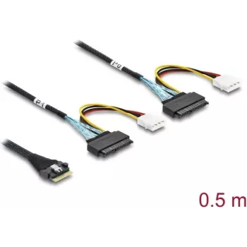 DELOCK PCIe 4.0 plonas SAS laidas SFF-8654 8i į 2× U.2 SFF-8639 lizdus su maitinimo jungtimi 0,5 m