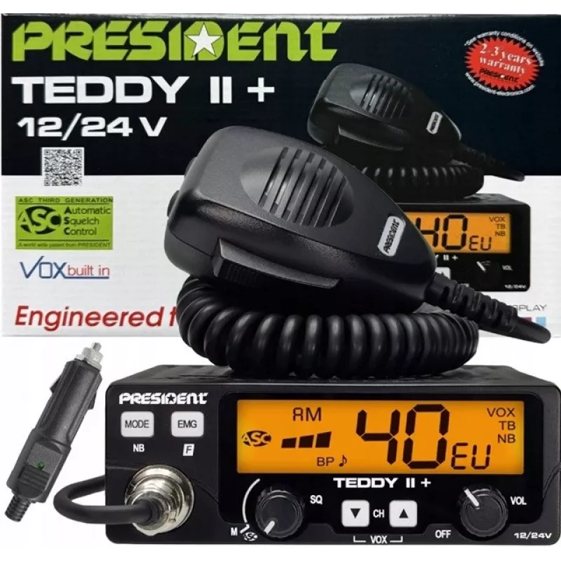 CB radijas President Teddy II+ – 40 kanalų, 4 W, 12/24 V, triukšmo slopintuvas, 125×125×45 mm