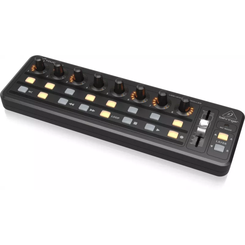 MIDI klaviatūra USB Behringer X-TOUCH MINI, valdymo tipai: mygtukai, sukamieji reguliatoriai, slankikliai