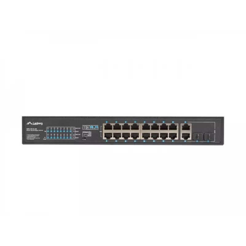Nevaldomas jungiklis LANBERG RSFE-16P-2C-250 — 18 prievadų Gigabit, 16x PoE+ (30W), 2x SFP, 250W, 1U, metalinis, montuojamas į stelažą