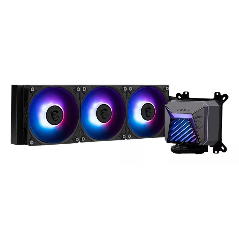 Vandens aušintuvas MSI MAG Coreliquid A15 360 — 3x 120 mm ventiliatoriai, radiatorius 394 x 120 x 27 mm, siurblys 5V, RGB, palaiko LGA 1851