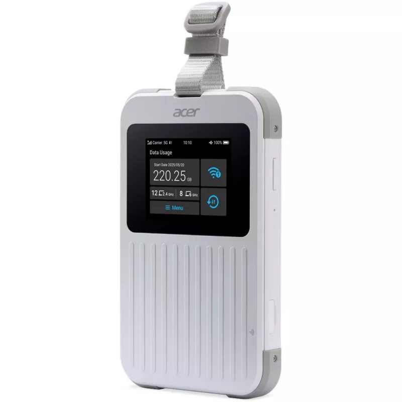 Nešiojamasis maršrutizatorius Acer Connect M6E su 20GB, dviejų juostų (2,4 GHz + 5 GHz arba 2,4 GHz + 6 GHz), Wi‑Fi 6E, 5G, IP68, 2x2 vidinės antenos, 4 GB RAM, 2,5 GHz CPU