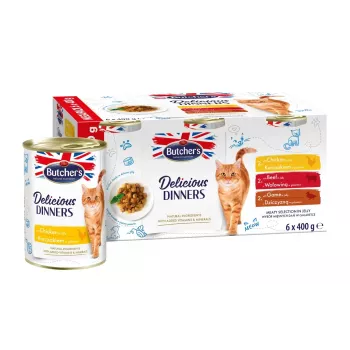 Šlapias kačių ėdalas Butcher's Delicious Dinners Mėsos pasirinkimas drebučiuose 6×400 g – suaugusioms katėms, be grūdų, vištiena, 82% drėgmės