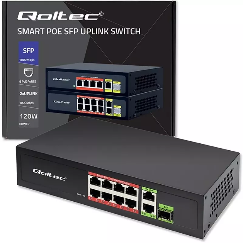 Ethernet Switch QOLTEC 52297 PoE RJ45 su PoE Uplink ir SFP prievadu