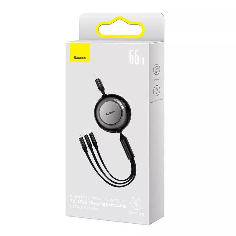 Baseus CAMJ010101 Bright Mirror 2 serijos 3 viename USB kabelis, 66 W, 1 m, juodas