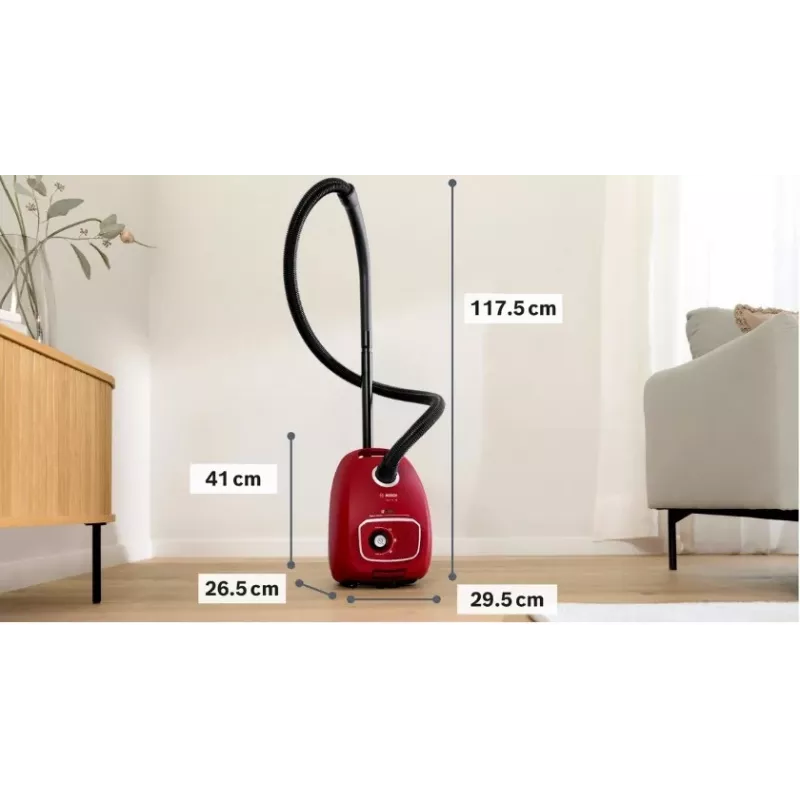 Siurblys Bosch BGB 41RD3H — 600 W, 4 L dulkių maišas, HEPA filtras, 11 m spindulys, teleskopinis vamzdis, raudonas