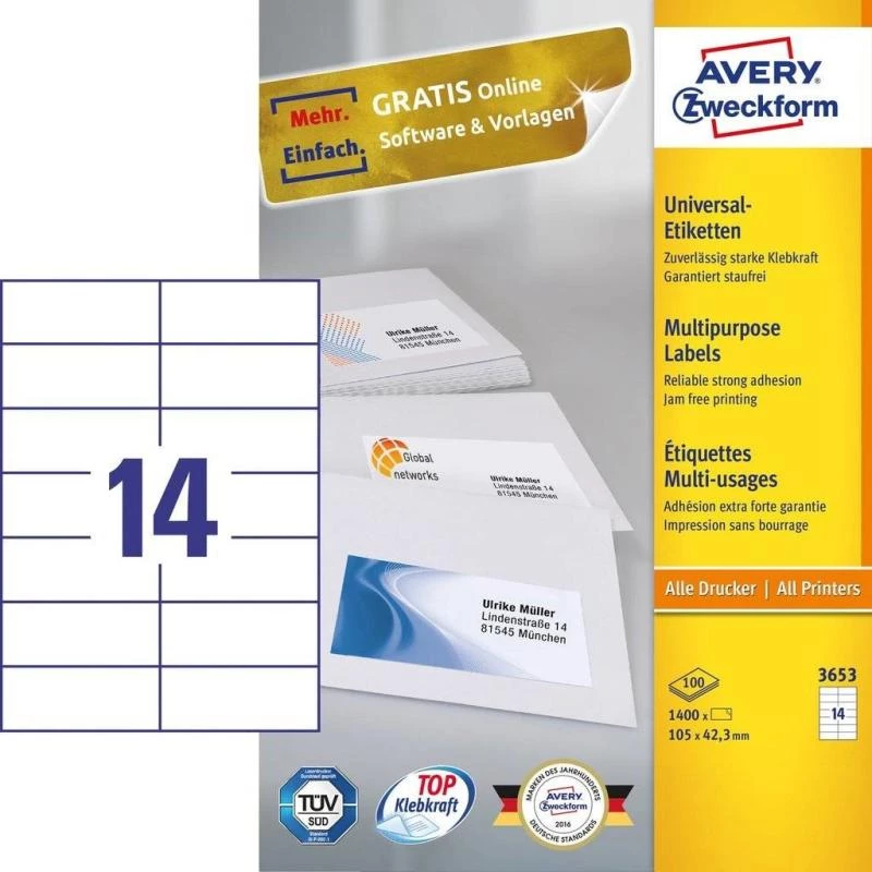 Avery 3653 lipnūs lipdukai stačiakampiai Permanent White 1400 vnt