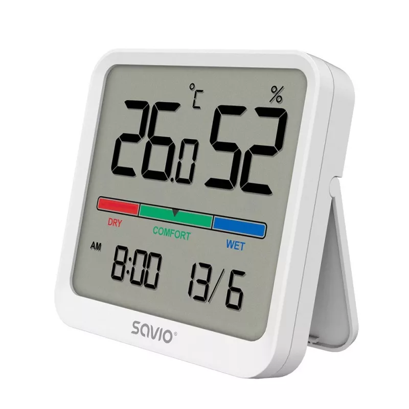 Vidaus temperatūros ir drėgmės jutiklis SAVIO CT-01/W, LCD ekranas, -10–55°C, 10–99%RH, baterija CR2032