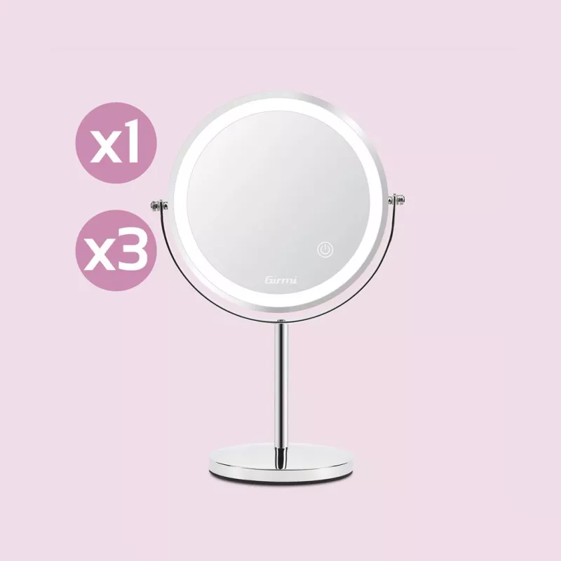 Stalo veidrodis Girmi BE02 – apvalus, nerūdijantis plienas, LED su lietimu, 1x/3x didinimas, įkraunamas per USB-C (1000 mAh)
