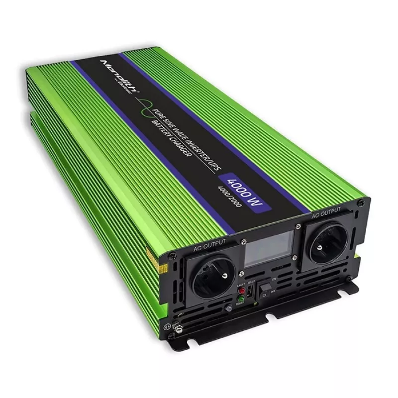 Qoltec Monolith įtampos keitiklis | Akumuliatoriaus įkroviklis | UPS | 2000 W | 4000 W | 12 V į 230 V | Grynas sinusas | LCD juodai žalias