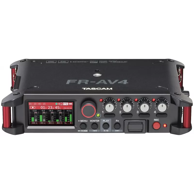 Nešiojamas garso įrašytuvas Tascam FR-AV4 — 6 kanalų, 4 XLR kombinuotos + 2x 3,5 mm, 24/32 bitų, 48/96/192 kHz, „MicroSD“ iki 512 GB, USB-C, PD
