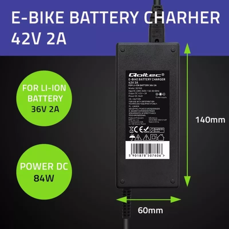 Qoltec 50760 Įkroviklis elektrinio dviračio akumuliatoriui 36V | 42V | 2A | 5,5*2,1