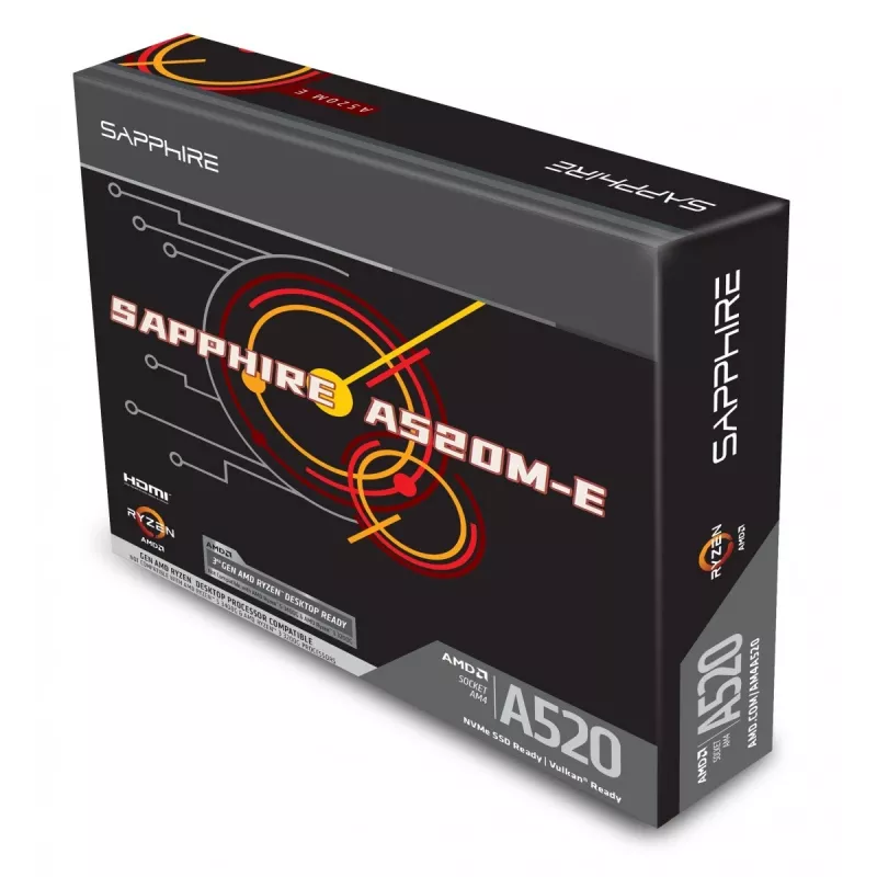 Micro ATX pagrindinė plokštė Sapphire A520M-E lizdui AM4, AMD A520 mikroschemų rinkinys, 2x DDR4 DIMM, iki 64 GB, PCIe 3.0 x16/x1, SATA III, Gigabit LAN