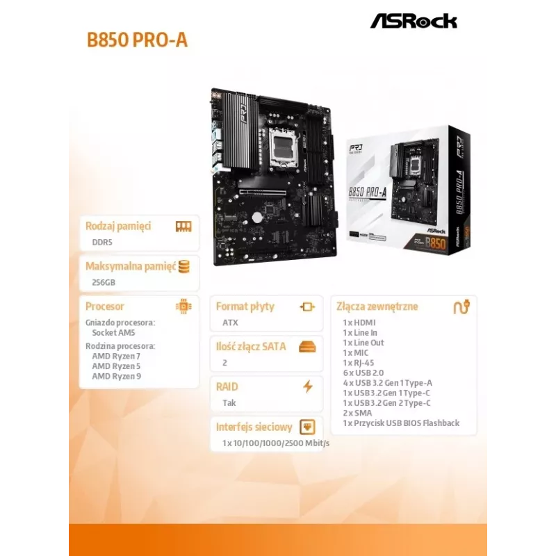ASRock B850 Pro-A AM5 ATX pagrindinė plokštė