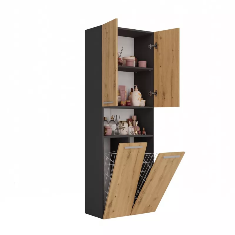 Vonios spintelė Top e Shop NEL 2K DK ANT/ART KP Graphite/Oak, laisvai pastatoma, 600×300×1740 mm, 3 lentynos