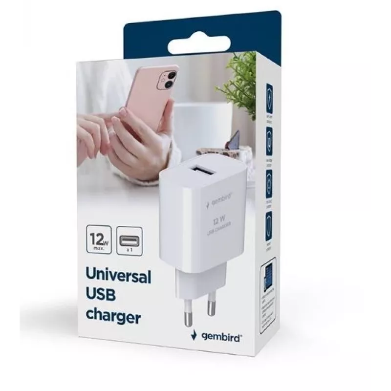 Mobiliojo įrenginio įkroviklis GEMBIRD TA-UC-1A12-01 5V 2,4A 12W USB PD, 1 prievadas, Baltas