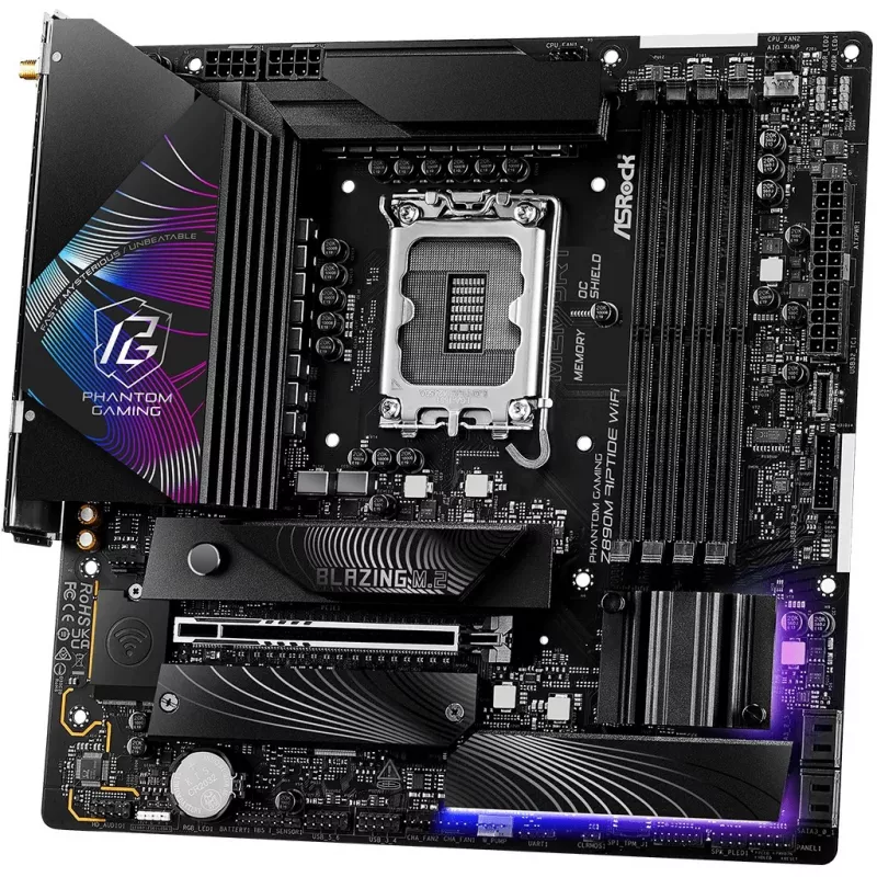 ASRock Phantom Gaming Z890M Riptide WiFi plokštė, Intel Z890, LGA1851, micro ATX, DDR5, iki 256 GB, Wi-Fi 6E, Bluetooth, 5GbE LAN, USB4