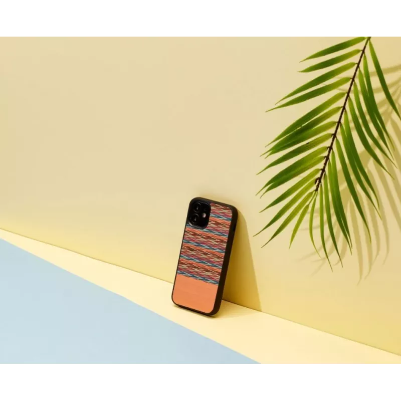 Dėklas iPhone 12 mini iš medžio ir polikarbonato, rudas languotas su juodu apvadu