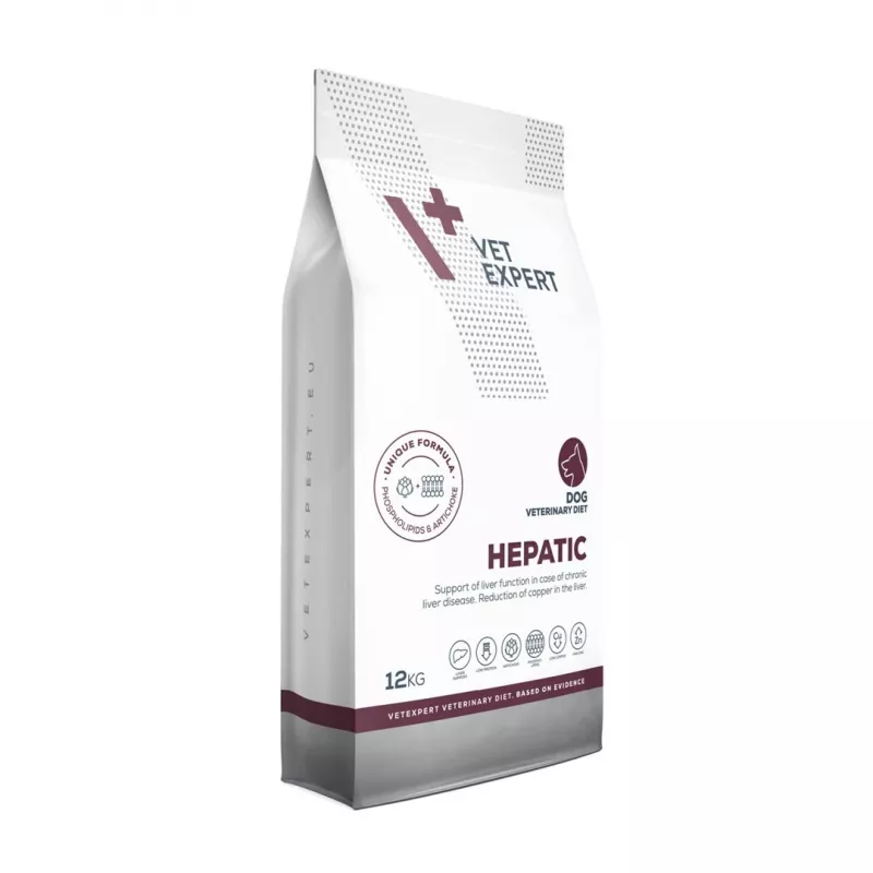 Sausas šunų ėdalas VETEXPERT Veterinary Diet Hepatic 12 kg – dietinis ėdalas kepenų funkcijai palaikyti, mėsos skonio, suaugusiems šunims 10–15,9 kg