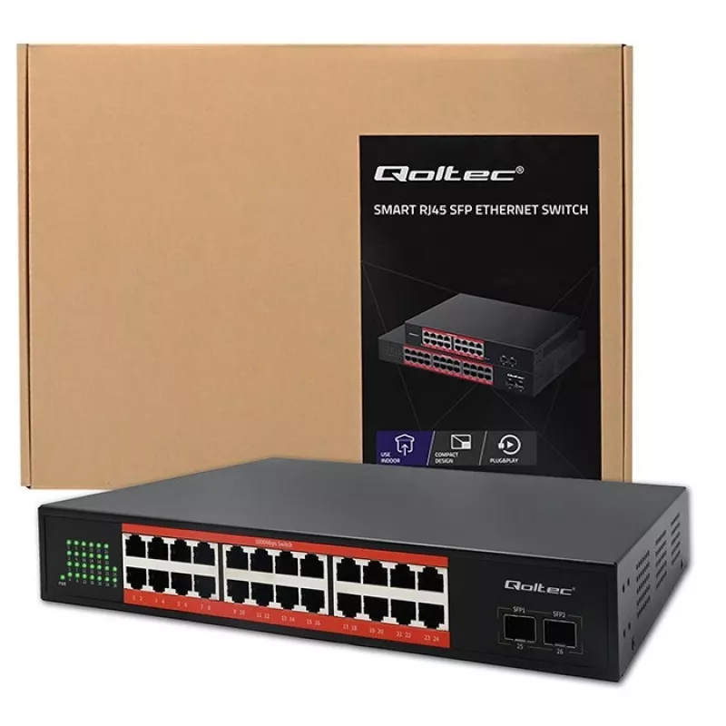 QOLTEC Gigabit Ethernet PoE tinklo jungiklis 24xRJ45 2xSFP