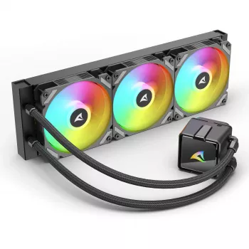 Skystas CPU aušintuvas Sharkoon S60 ARGB — 360 mm radiatorius, 3×120 mm PWM ventiliatoriai, juoda