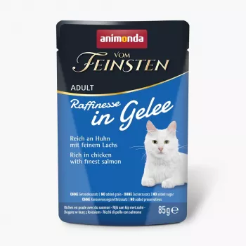 Šlapias kačių ėdalas ANIMONDA Vom Feinsten Adult Raffinesse želėje su vištiena ir lašiša, 85 g paketėlis