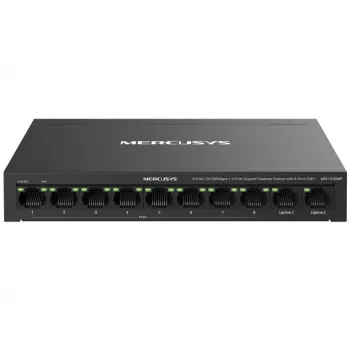 Tinklo jungiklis MERCUSYS MS110CMP – 8 prievadai PoE, 10 Gigabit RJ-45 prievadų, 115 W PoE biudžetas, stalinis/sieninis montavimas, juodas