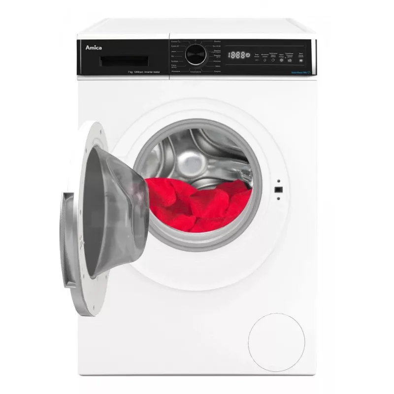 Laisvai pastatoma skalbyklė AMICA WA3S712BLiSHB, 7 kg, 1200 aps./min., 2100 W, LED ekranas, juodos spalvos durelės