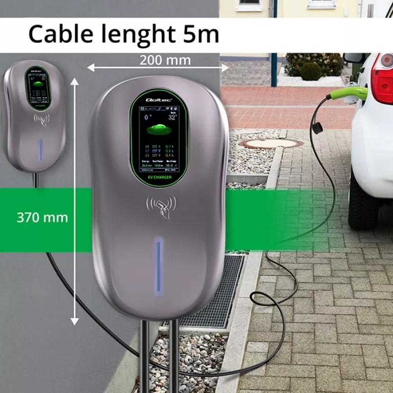 QOLTEC 52430 22 kW Wi‑Fi RFID 3‑fazių 32 A 2 tipo IP54 elektromobilių įkrovimo stotelė