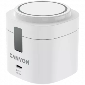 Canyon 4 viename belaidis įkrovimo stovas, 30W maks., dydis: 70x70x70,3 mm, svoris: 414 g, su 65W įkrovikliu ir 1 m laidu, baltas
