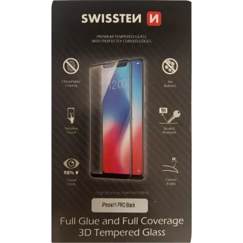 Grūdintas 3D pilno klijavimo ekrano apsauginis stiklas SWISSTEN, skirtas iPhone 11 Pro – juodas