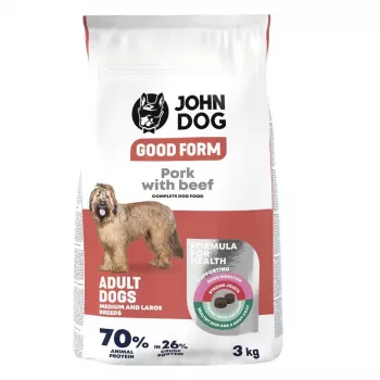 Sausas šunų ėdalas john dog Good Form Adult vidutinėms ir didelėms veislėms, kiauliena ir jautiena, 3 kg