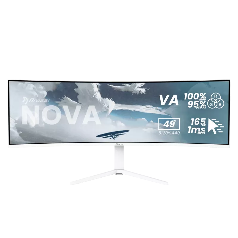 Išlenktas monitorius Arozzi Nova 49 colių (124,5 cm) Dual QHD 5120×1440 LED VA, 32:9, 4 ms, USB šakotuvas, garsiakalbiai, baltas