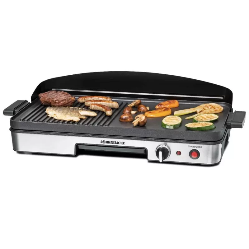 Elektrinis stalo grilis Rommelsbacher BBQ 2003 — 1900 W, 50×25 cm, briaunotas + Teppanyaki, reguliuojamas termostatas, sidabrinis/juodas
