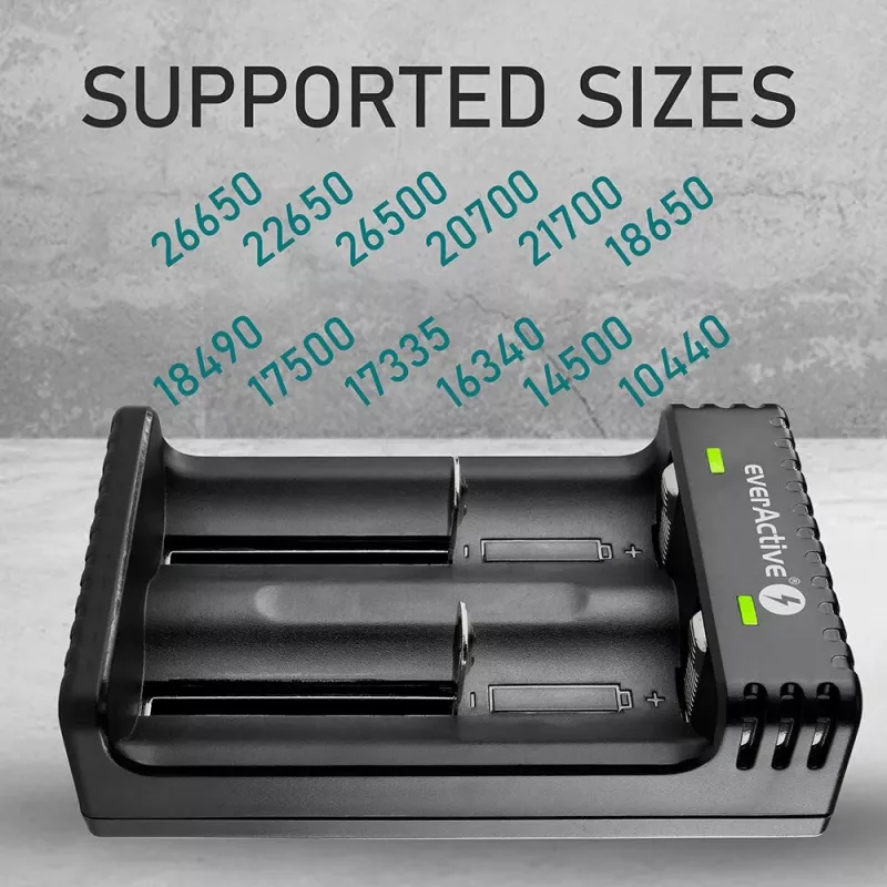 Baterijų įkroviklis everActive LC200 buitinis USB, 2 lizdai, Li-Ion, palaiko A/AA/AAA/AAAA/C/D, 5 V įėjimas, 4,2 V išėjimas, juodas