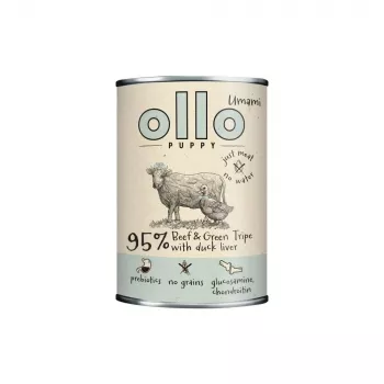 OLLO Puppy Umami jautiena su žaliuoju prieskrandžiu ir anties kepenėlėmis - šlapi šunų ėdalas - 850g
