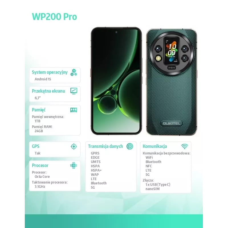 Išmanusis telefonas Oukitel WP200 Pro 5G 6,7 colių 24GB/1TB Žalia