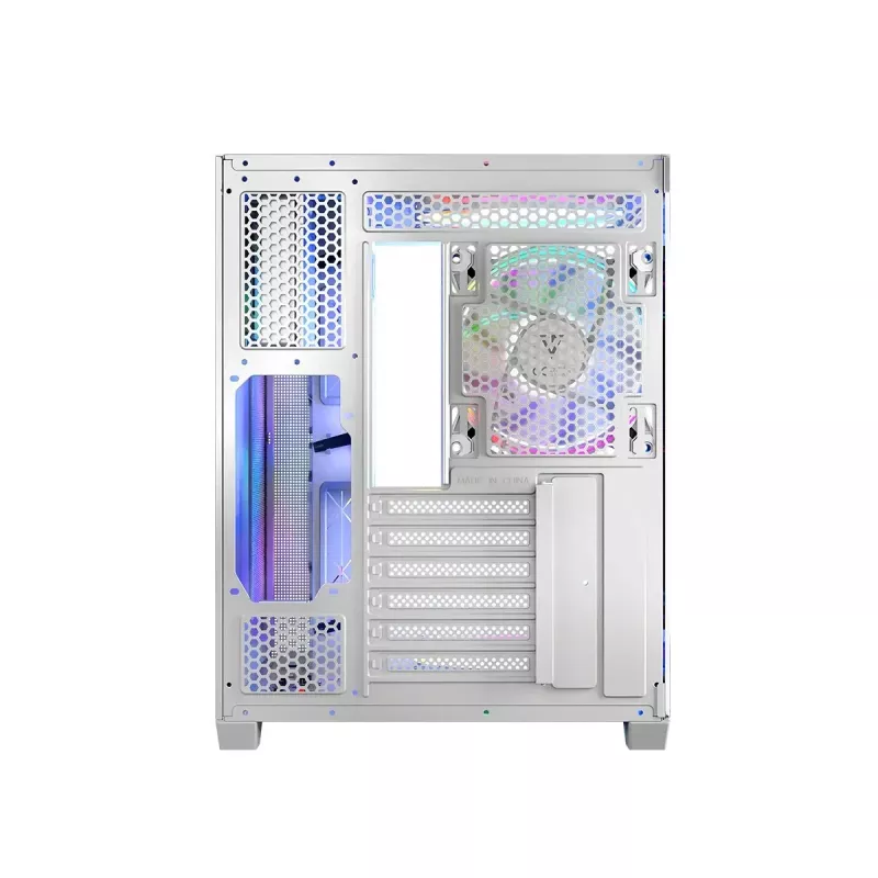 PC korpusas MODECOM Volcano Panorama Midi Tower baltas – micro ATX, grūdintas stiklas, ARGB, USB-C, palaiko GPU iki 400 mm