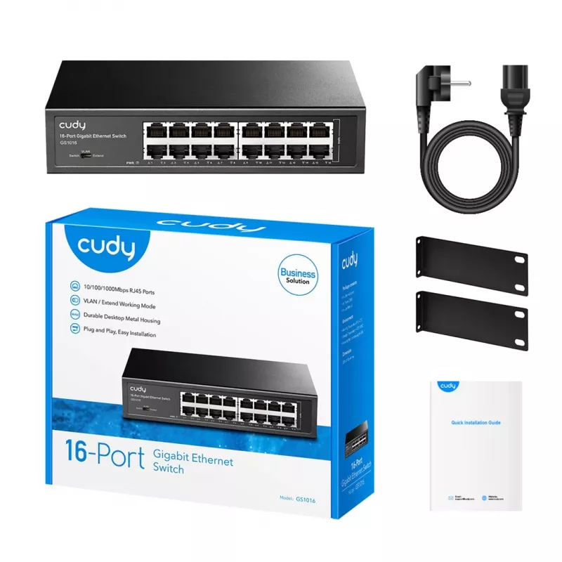 Tinklo jungiklis Cudy GS1016 — 16 prievadų Gigabit Ethernet (10/100/1000), 32 Gbit/s perjungimas, montuojamas į stelažą, maitinamas iš tinklo