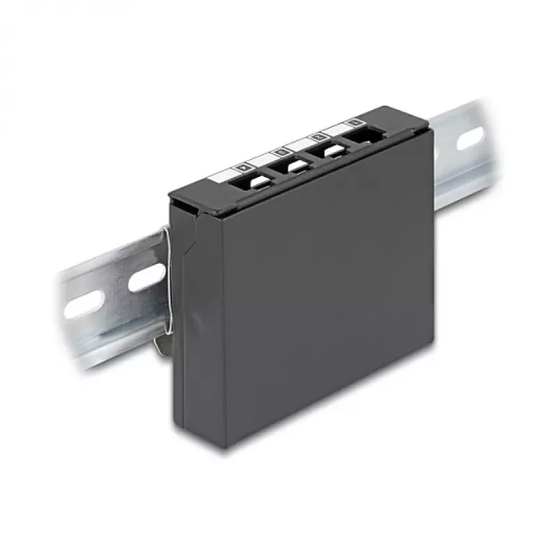 DELOCK Tuščias skydelis 4 prievadams Keystone RJ moduliams, juodas, metalinis – montavimui ant stalo, sienos ar DIN bėgio