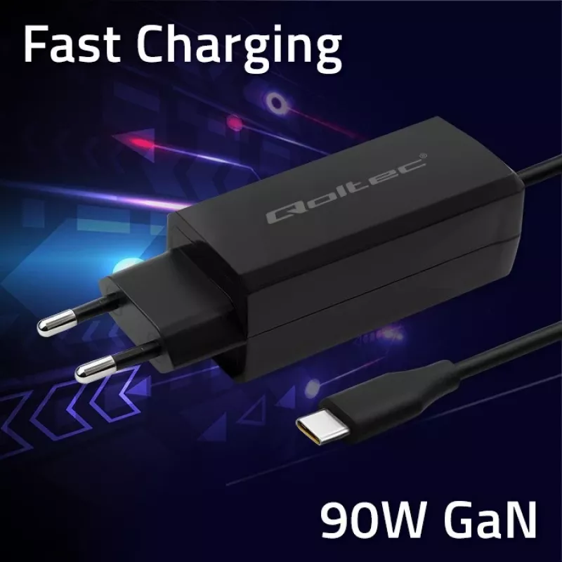 QOLTEC 52420 GaN 90W USB-C PD įkroviklis, 5–20V 3A/4.5A, 1,8 m laidas, juodas