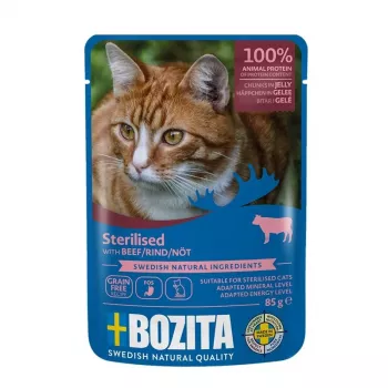 Šlapias ėdalas katėms BOZITA sterilizuotoms jautienos gabaliukai drebučiuose 85 g
